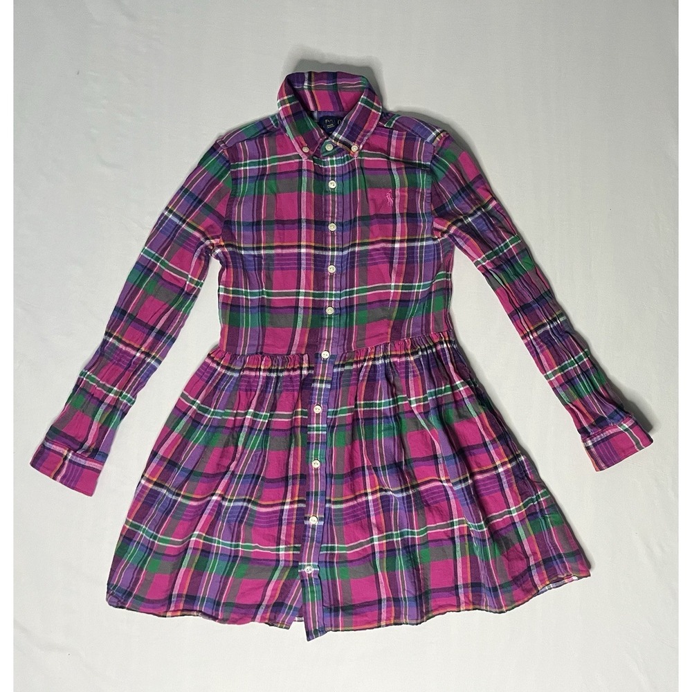 Polo Ralph Lauren Twill Shirtdress Girls Size 10 Plaid Long Sleeve Button Up